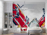 Kids bedroom wall design featuring football match illustrations with happy children.